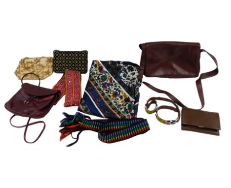 A Lunardi tan leather handbag, further handbags and evening bags, belts and ties, and a silk scarf. 