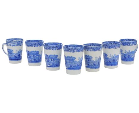 A set of seven Spode Italian pattern blue and white pottery mugs, printed marks. 