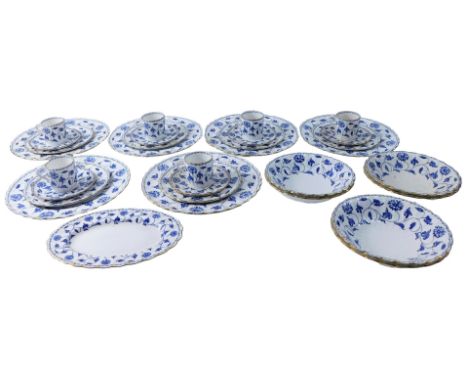 A Spode porcelain part coffee and dinner service, decorated in the Blue Colonial pattern to include coffee cups and saucers, 