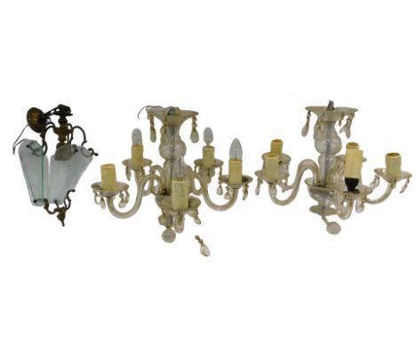 A pair of 20thC glass five branch chandeliers, with teardrop drops, 37cm high, together with a brass ceiling light with etche