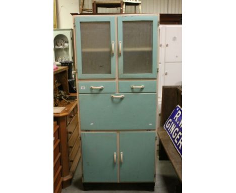 Vintage / Retro Green &amp; Grey Kitchen Cupboard with Two Glass Cupboard Doors over Two Drawers over Drop Front Cupboard ove