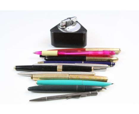 Vintage pens and fountain pens to include Parker 61, Parker 17 etc and a Ronson table lighter