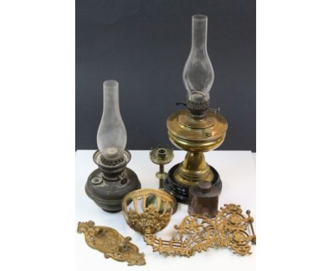 Two vintage Oil lamps to include a wall mounted version with ornate mount, Brass candlestick, Copper Tea caddy etc