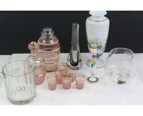 Collection of vintage Glassware to include a Decanter &amp; six glasses, over painted Milk glass Vase, Moet &amp; Chandon ice