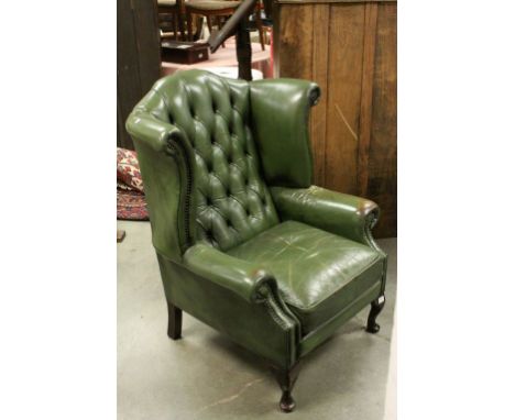 Green Leather Wingback Armchair with Studded Button Back 