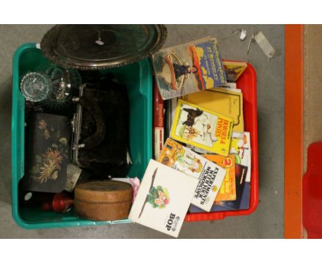 Box of vintage Children's Books and Annuals plus another of mixed collectables to include a Leather collar box, glassware etc