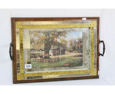 Vintage Mirrored wooden tray with Hunting scene to centre