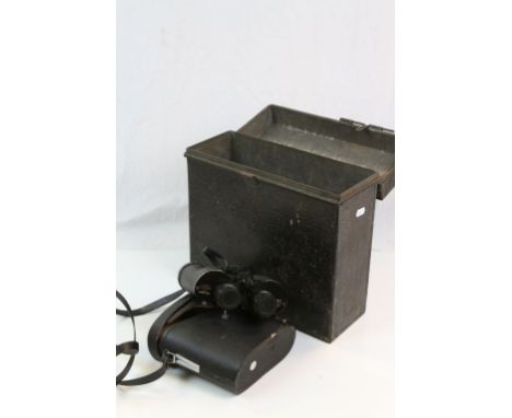 Vintage Metal Tin with hinged lid and a carry handle containing a vintage cased pair of Tecnar Binoculars