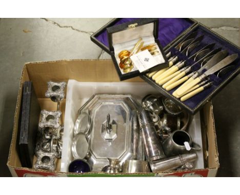 Collection of vintage Silver plate to include, cruets, candelabra, cased cutlery covered dish etc