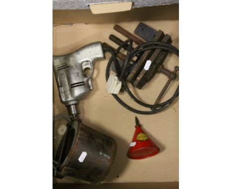 Mixed Lot including Vintage Holcroft Glue Pot, Small Vintage Valvespout Oil Can, Small Bench Vice and Wolf Cubmaster Drill