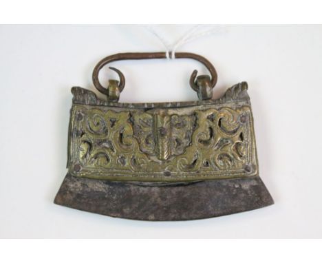 An 18th/19th century Bhotian Chuckmuck Tibetan flint and steel lighter, the pierced copper flap opening to reveal leather pou