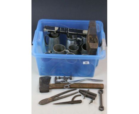 Vintage Wooden Handled Chopper, Various Tools and Pewter Tankards
