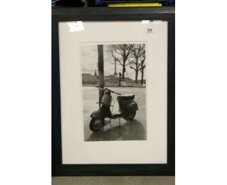 Framed Pop Art Monochrome Print of a Lambretta Scooter in a Paris View