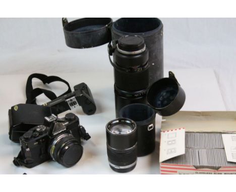 Collection of vintage Photographic equipment to include an Olympus OM-2 Camera, Telephoto lens etc