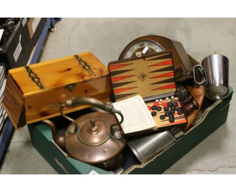 Mixed Lot including Oak Mantle Clock, Copper Kettle, Pine Cigar Box, Wooden Fruit Bowl, etc