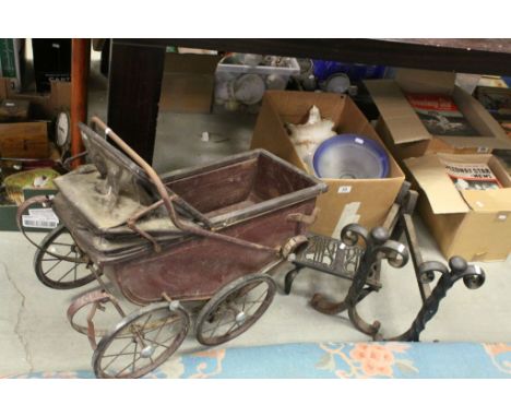 Large pair of Cast Iron fire Dogs, stool, vintage Pram, mixed ceramics etc