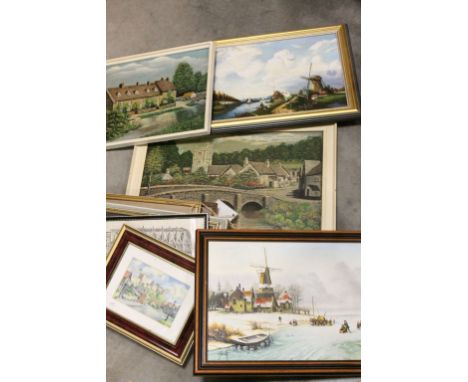 Collection of Various Prints, Oils and Watercolours including Malmesbury Abby, Hunting, etc