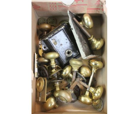 Box of vintage Brass Doorknobs and metal door locks etc