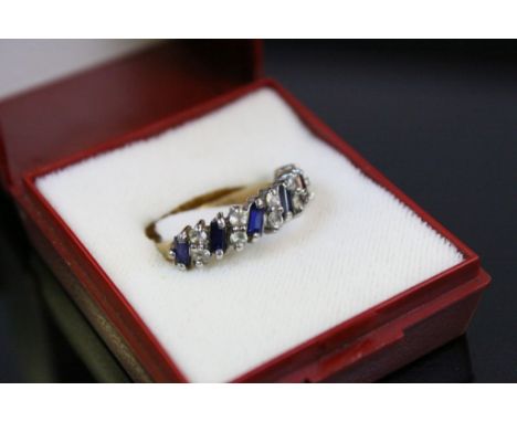 Gem set 9ct yellow gold and white gold set ring,alternate blue and white stones, ring size N 