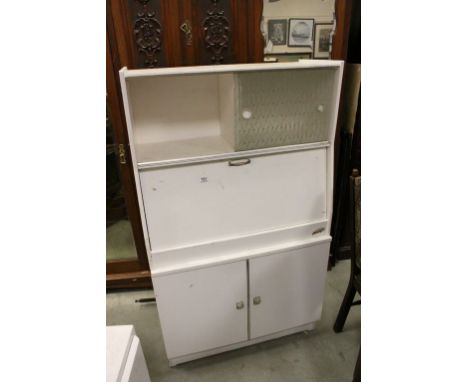 Vintage / Retro White ' Newage ' Kitchen Cupboard with Sliding Glass Doors over Drop Front Cupboard over Two Cupboard Doors, 