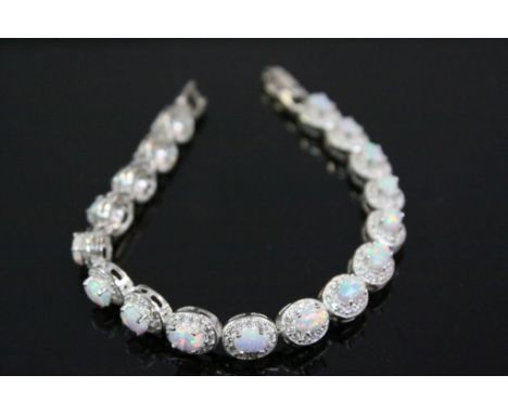 Silver CZ and Opal Line Bracelet made up of Seventeen Panels