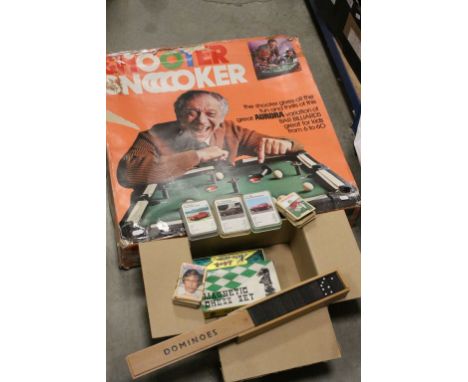 Boxed vintage "Shooter Snooker" game, Top Trumps, Football cards, Chess set, Dominoes and a cased Harmonica