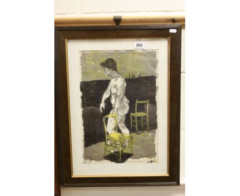 20th century Lithograph Portrait of Nude Female holding Wooden Chair