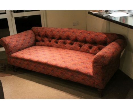 Victorian Button Back Chesterfield Style Sofa raised on turned bulbous legs and brass castors, approx. 215cms long x 75cms hi