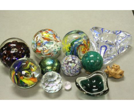 Collection of vintage Glass Paperweights and a Malachite ball with stand