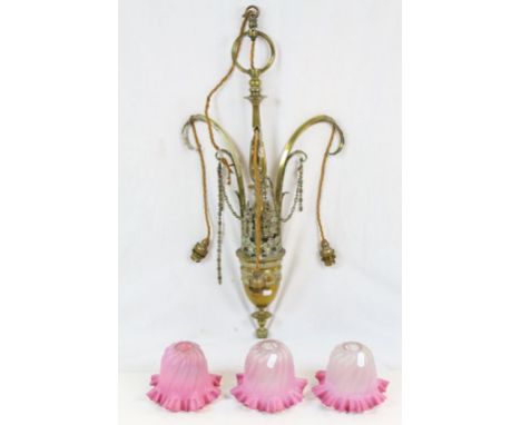 Vintage ornate French Brass ceiling light with Pink glass shades