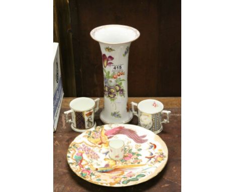 Dresden hand painted ceramic Vase with flared rim, three Royal Crown Derby mugs to include a Miniature example and a Royal Cr