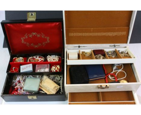 Two jewellery boxes containing costume jewellery to include vintage drop earrings, bead necklaces and aurora borealis crystal