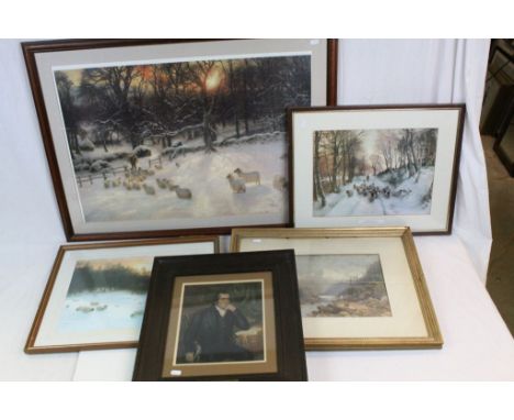 Three framed &amp; glazed Farquahrson Prints of Sheep, Baxter Print of Rev John Williams plus a 19th Century Watercolour of a