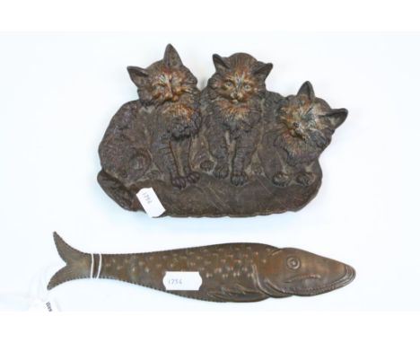 Cast metal decorative panel depicting three kittens, partial cold painted, approximately 12.5cm x 17cm together with a copper