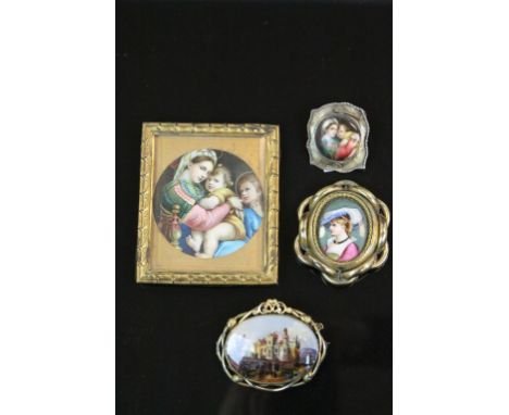Victorian handpainted brooch on mother-of-pearl depicting castle scene, yellow metal surround with acorn detail together with