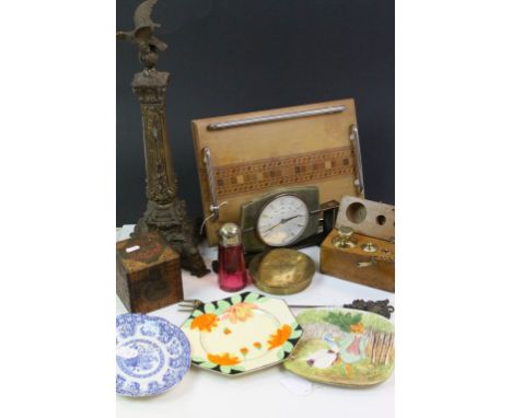 Mixed collectables to include a cranberry glass shaker, mantle clock, wooden cased Weights etc