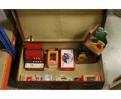 Two vintage Suitcases to include Leather and a small quantity of vintage Toys