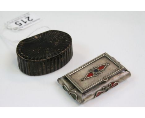 White Metal Snuff Box with Enamel Decoration and another Papier Mache Snuff Box