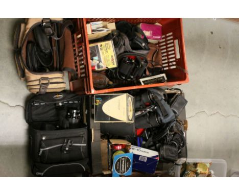 Tray of vintage Cameras, related equipment and Binoculars in two boxes