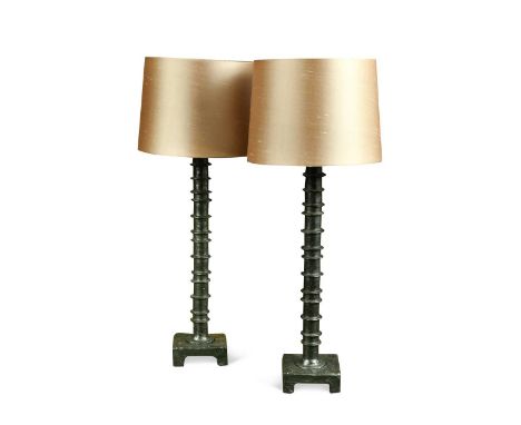 A pair of Vaughan 'Bobbin Column' bronze table lamps, modern, of collared form on raised square bases47cm high to fitmentProv