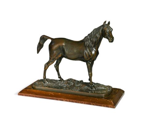 After Pierre-Jules Mêne (French, 1810-1879), a brown patinated bronze stallion, inscribed ‘P.J. Mêne’ to the shaped rectangul