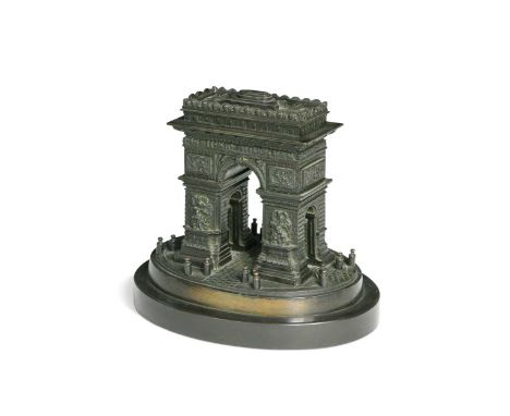 A Grand Tour library model of the Arc de Triomphe, 19th century, in dark patinated bronze and modelled in relief, the hinged 