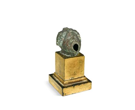 A Roman bronze lamp, probably circa 100 AD, modelled as an African head, on associated gilded plinth basethe lamp 7 x 10 x 8c