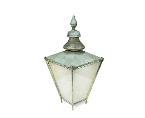 A large copper street lantern, late 19th century, with decorative finial95 x 45 x 45cmOne glass panel broken, the others very