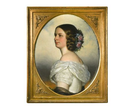 Circle of Franz Xaver Winterhalter (German, 1805-1873)  Portrait of a lady wearing a white satin evening gown and flowers in 