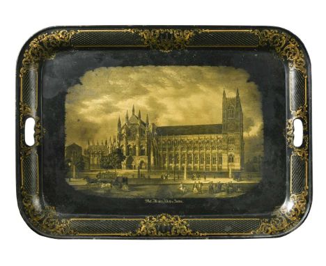 A painted metal tray decorated with a view of Westminster Abbey, 19th century, of rounded rectangular form, the en grisaille 