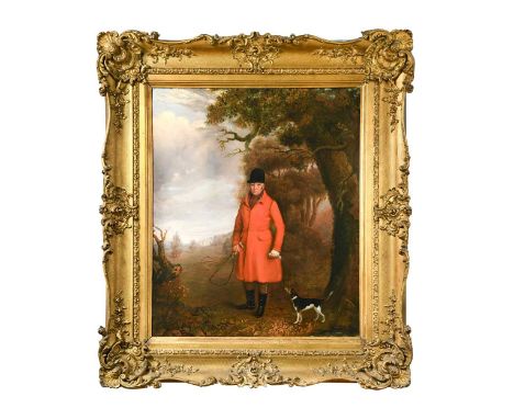 English School (19th century) Portrait of a huntsman with his dog in a landscape, a country house beyondoil on canvas60 x 50c