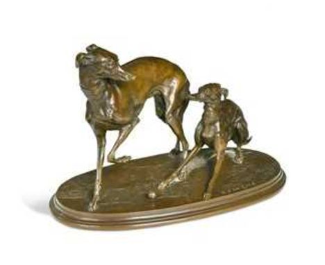 After Pierre-Jules Mêne (French, 1810-1879), Gigi and Gisella at Play, 19th century,  a bronze group of two whippets at play 