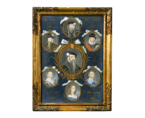 Swedish School (18th-19th century) A portrait montage of monarchs of Sweden including King Gustav Vasa and Queen Christina go