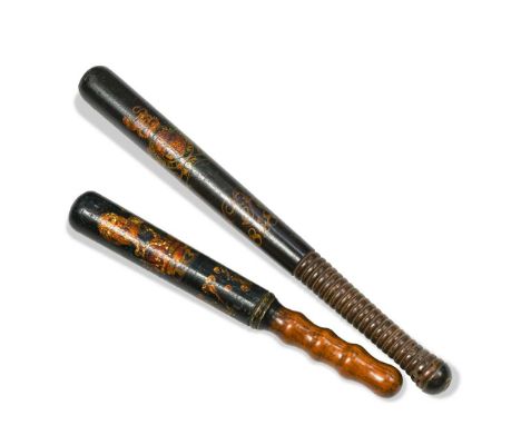 Two Victorian truncheons, with painted decoration, the first bearing the Royal Coat of Arms, initials 'V.R' and dated 1848, 3